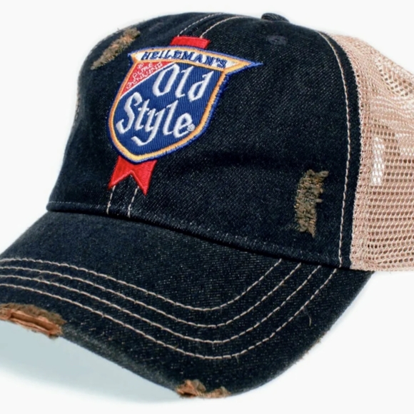 Heileman's Old Style Beer Vintage Hat Blue Denim Cap Distressed Beige Mesh Truck - Picture 5 of 5